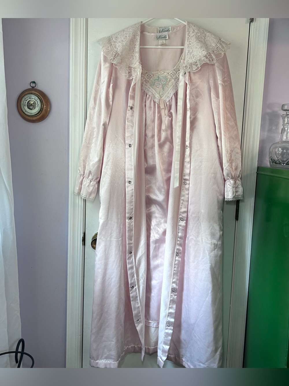 Vintage 80’s Nicole Pink Satin Nightgown and Peignoir Robe Set M/L